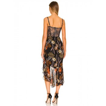 V-Neck Strap Printed Ruffles Midi Dress Summer Elegant Sleeveless Print Asymmetrical Hem